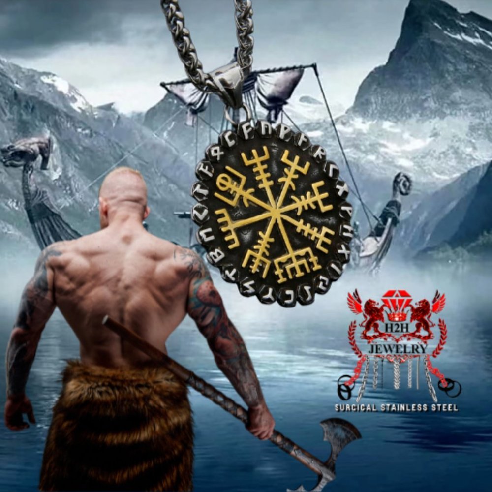 H2H JEWELRY Surgical Stainless Steel 316L Vegvisir Gold Compass Pendant Viking